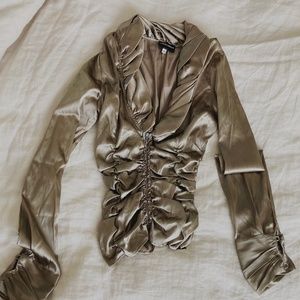 Vintage Giorgio Armani Beige Silk Ruched Gathered Blouse Top Small